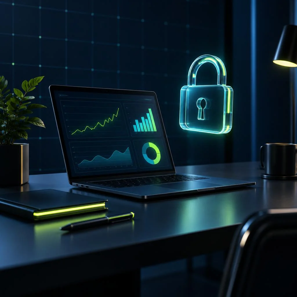 Consultant desk with neon analytics charts