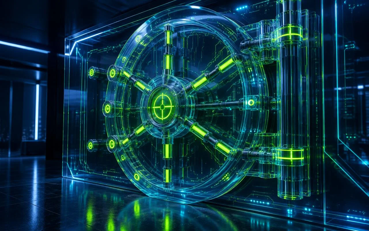 Glass security shield with neon lock